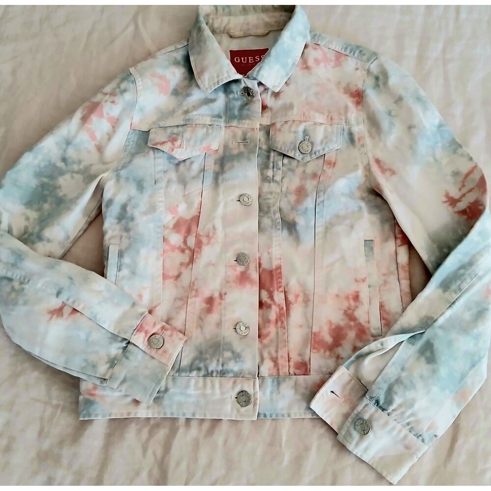 GUESS Pastel Tie Dye Denim Jacket XS Boho Cropped Trucker Button Festival Travel - Picture 2 of 8